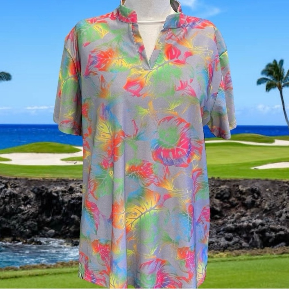 Oahu Golf Apparel OGA Shirt Womens XL Short Sleeve Hawaiian Floral Colorful Neon